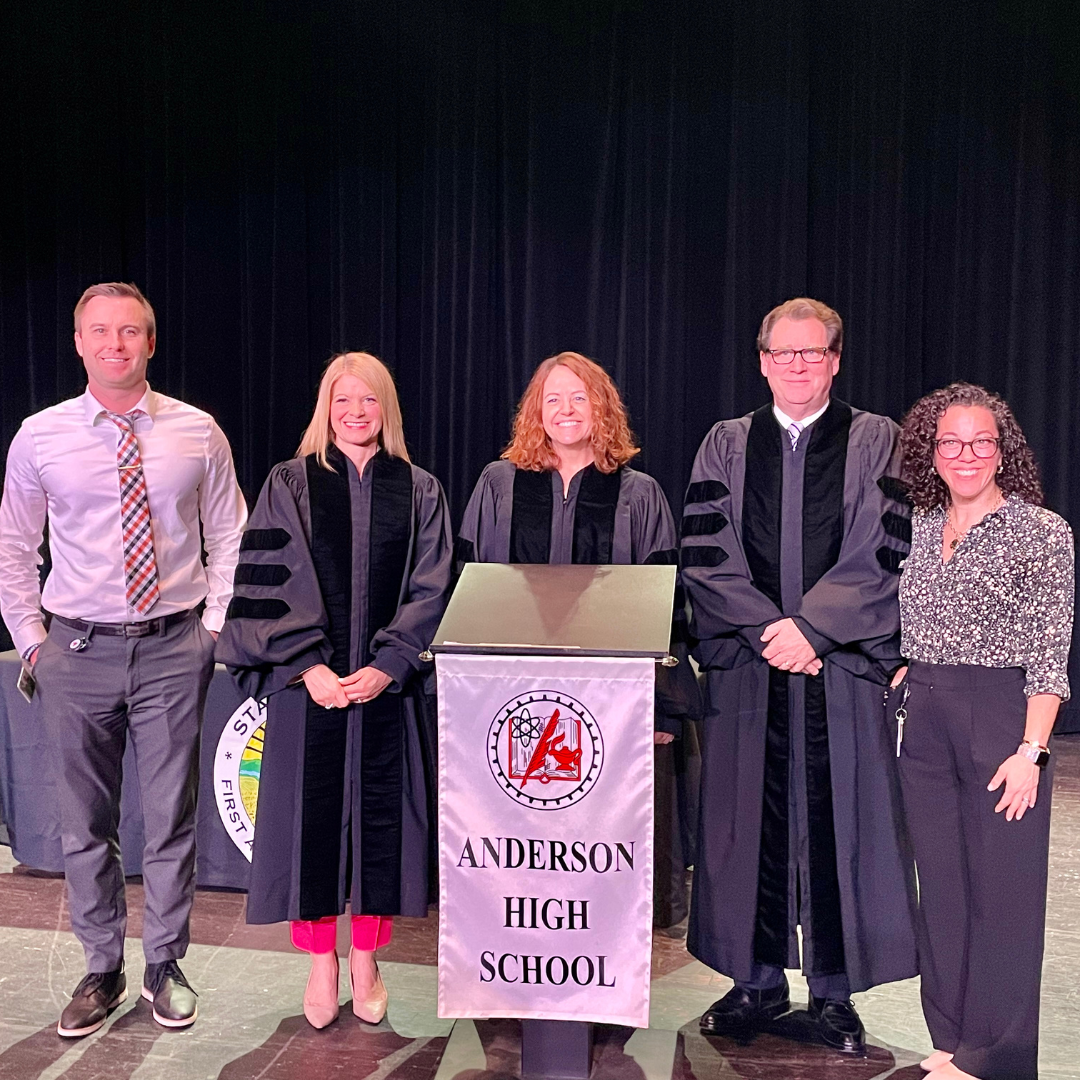 AHS principal and Community Partnership Coordinator pose with court of appeals judges